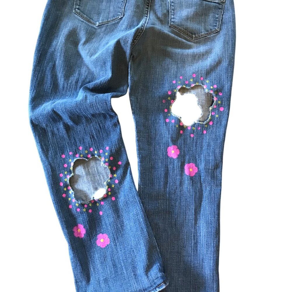 Upcycled Flower Cut-Out Jeans, Holey Distressed Funky Pants 10 Short - Picture 9 of 15